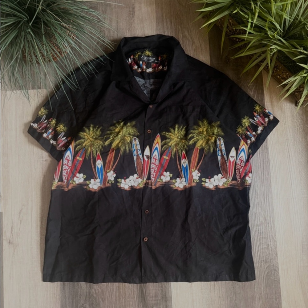 Favani Hawaiian Shirt Men’s XXL Surfboards Palm Tree Cotton Black Vintage 90s